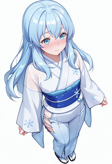 Smooth Quality,masterpiece,very intricate, high quality details, ultra realistic, high detailed skin,detailed enviorement,absurdres,
pinky out,
 <lora:Yusa_CNR:0.8> yusa_cnr,1girl, blue hair, long hair, bangs, blue eyes,snowflake hair ornament,gradient hair, yusa_cnr_def, japanese clothes, white kimono, yukata, obi, sash, sleeves past wrists, tabi,, stifled laugh,, simple background, white background, from above,solo,, qipao top,  ,mesh shirt,  ,ripped jeans, ,