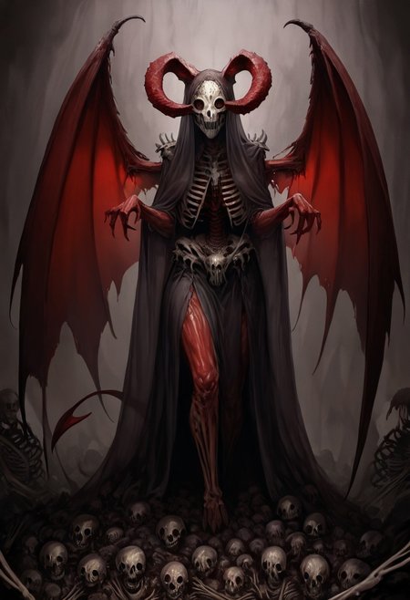 masterpiece, best quality, newest, absurdres, highres, 
TWEV1.0, 1girl, red skin, red colored skin, demon girl, succubus, demon horns, horns, demon wings, demon tail, wings, horror (theme), monster girl, skull, skull mask, bones, skeleton, veil, veiled face, mask,