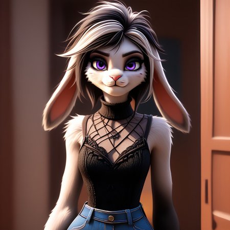 digital_media_(artwork) hi_res, score_9, score_8_up, score_7_up, score_6_up, score_5_up, score_4_up, rating_safe, beautiful, intricate, high quality details, highly detailed, amazing quality, anthro, furry, female, detailed textured fur, fur tufts, fluffy,  cute, small, detailed sexy eyes, solo, SFW, rabbit, lop ears, expressive, sassy, long sleeveless halter neck sweater, baggy denim pants, clothed slim, clothed slender, clothed skinny, multicolored hair, streaked hair, absurdres, highres, goth, heavy eyeliner, heavy eye shadow, breasts,