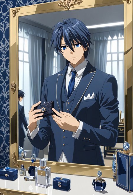 Anime Style, easynegative, detailed_eye_model, Highres, Masterpiece, High Quality, 4K, 8K, solo, 1boy, Tomoya Okazaki, Deep Blue Eyes, Grey Blue Hair, room, mirror, focus, selfies, looking in the mirror, arrogant, confident, tuxedo, standing in front of the mirror, satisfied smile, jewelry, wallet, perfume, luxury goods