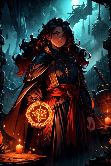 <lora:FantasySettlement:1> fanse, fantasy medieval settlement, stree, dark, radiant,  <lora:Fantasy_Classes_SD:1> fantasy class, sorcerer, black robe, occult, glowing runes, magical energy, wind, looking at viewer, seductive, best quality, masterpiece, <lora:more_details:0.7>, 1girl, solo, black hair, long hair, brown eyes