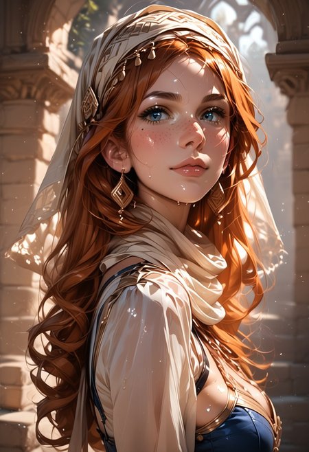 beautiful woman, orange hair, pale skin, short messy hair, freckles, big blue eyes,,  close-up details,, realistic style photo caucasian, 
 young woman,outstanding style, tall, cute, adult. Use soft lighting to cast gentle shadows on the subject, adding a touch of dimension to your images without compromising details, score_9, score_8_up, score_7_up, sweaty, naughty looking, naughty,dynamic pose,dynamic camera, big round bubble butt, medium breast, breast movement, dynamic movement, score_9, score_8_up, score_7_up
wearing a niqab, mouth_veil, loose_scarf, head_scarf, focus on face