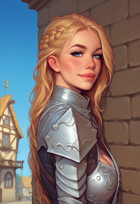 1girl, (((side view))), illustration, looking at viewer, highly detailed, source_comic_illustration, from front, 1girl, illustration, comic style, looking at viewer, highly detailed, source_comic_illustration, skinny, looking at viewer, 1girl, masterpiece, best quality, <lora:Evie_Frye_pxl:1> score_9, score_8_up, score_7_up, score_6_up, score_5_up, score_4_up, source_photo, source_real, 1girl, solo, long hair, breasts, ((gatekeeper clothes)), looking at viewer, blonde_hair, ((knight, hood,)), cleavage, closed mouth, blue eyes, guards armor, eyelashes, ((leather armor)), freckles, realistic, nose, designer dress, 
BREAK 
tired smile, looking at viewer, 
BREAK 
best quality, depth of field, bokeh, (((full clothed))), (best quality, high detail), ((masterpiece)), ((((holdind big sword in hands)))), <lora:1_ino_20e:1>
BREAK 
((((((blue sky, town, sity)))))) score_9, score_8_up, score_7_up, score_6_up, source_cartoon, rating_explicit, Expressiveh, (((((upper body))))), dynamic pose