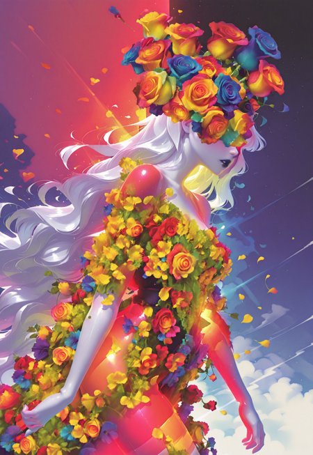 (IG-Illu, thermogram), from side, walking, solo, pale skin, lipstick, parted lips, rose, midsummer dress, mayqueen headdress, flowers over eyes, wind, petals, rose, very long hair, white hair, split theme, split background, masterpiece, best quality, absurdres