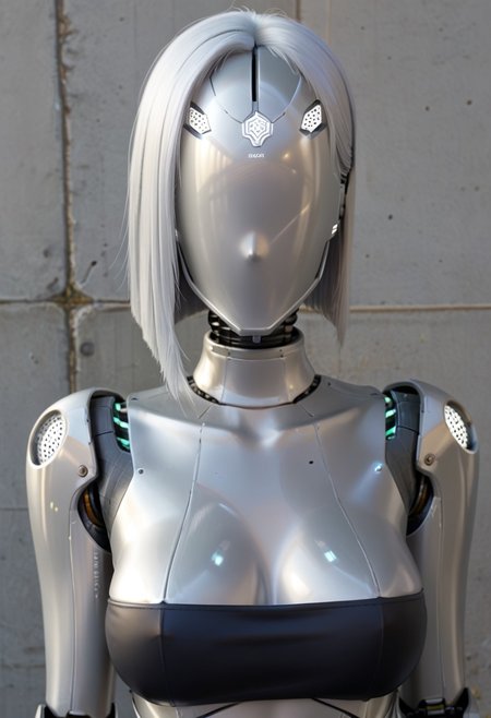 A 35mm photo of a beautiful robotic woman, she has a faceless robotic head, robot, silver hair, smooth dark grey metallic featureless feminine body
no face