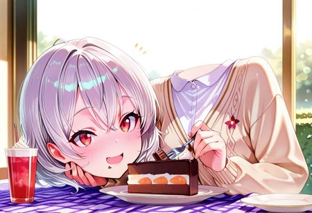 Masterpiece, ultra-detailed, best quality, 8K, absolutely eye-catching,
1girl, solo, silver hair, red eyes, slender body, shy smile, sitting on a picnic blanket in a meadow with flowers. She puts her disembodied head aside. She picks up a small piece of a cake with a fork and puts it into her mouth. Wears white shirt, red checkered skirt, beige cardigan, 1chocolate cake slice, 1plate of salmon, fork, drinking cups.,
vibrant colors, aesthetic, portrait, bokeh, headless, head on the blanket, open mouth, holding a fork, eating cake with fork, headless, disembodied head, putting disembodied head aside