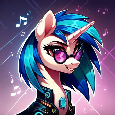 score_9, score_8_up, score_7_up, score_6_up, score_5_up, score_4_up, source_MLP, Vinyl Scratch from MLP, Pony, g4, Female, Feral, Portrait of a leader, White cyberpunk suit, Brooch in the shape of a musical note, Beautiful eyes, Black framed glasses with Purple lenses, Long eyelashes, Looking At Viewer, Proud smile, Extreme Detailed Background, The quality of ai art is frightening