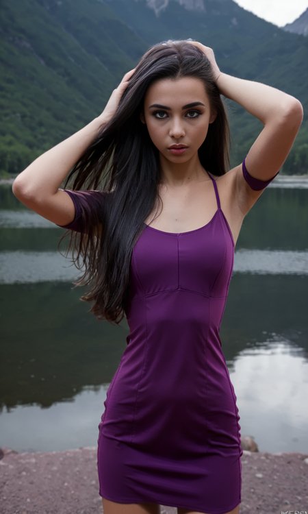 (front view)+++ , slim girl at mountain lake  holds hair , mkpotail , purple short dress  , long dark hair   <lora:MakePonytail-000015:1>