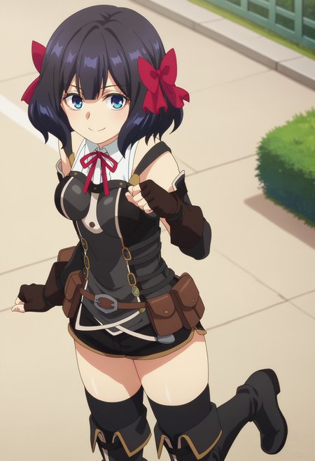 score_9, score_8_up, score_7_up, source_anime,
BREAK
1girl, solo, anime screencap, anime coloring, 
<lora:shiTinoShadeV1:0.95>, 
shitinoshade,
short hair, black hair, red ribbon, red bow, hair ribbon, blue eyes,
fingerless gloves, black gloves, detached sleeves, elbow gloves,
black thighhighs, thigh boots, black footwear, black shorts, short shorts, belt pouch, belt, pouch, 
looking at viewer, smile, leg up,