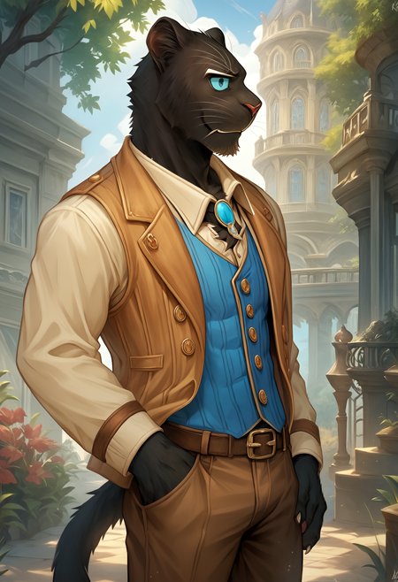 score_9, score_8_up, score_7_up, 8k, detailed design, detailed background, detailed characters, masterpiece, anthro only, furry only, 1boy, solo,  <lora:GranruthCrave_Saga-000002>, granruth, black fur, tusk, vest,  blue eyes, blue sclera, panther boy, facial hair, brown pants, coat, shirt, vest, back view, thinking,   outside, crime scene,