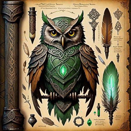 Irish fairy, Dungeons & Dragons character, (tattered parchment:1.2), detailed illustration, weathered leather armor, collection of (glowing vials and reagents:1.2), owl feather quill,  (intricate Celtic knotwork:1.3), faded background