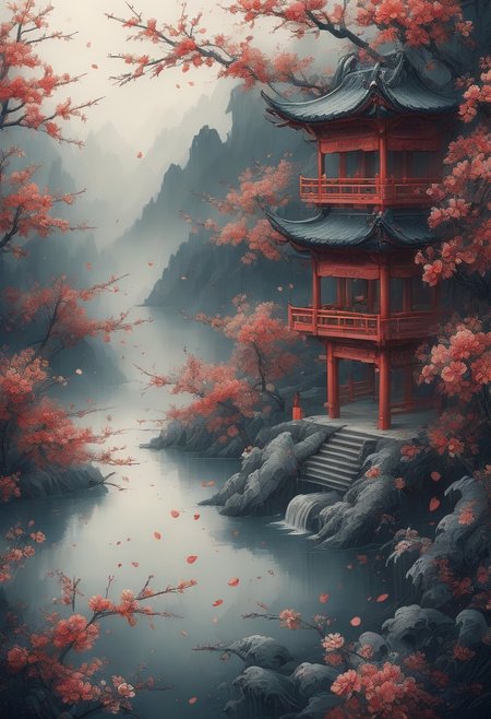 masterpiece,best quality,Chinese martial arts style,an asian night scene with lanterns and water lilies,asian pond with many lanterns and boatsa night scene with many lights and boats in the water, Lake surface, lotus flowers,beautiful night scene,(((Chinese martial arts style))), with vast sky, continuous mountains and steep cliffs, ink wash style, outline light, atmospheric atmosphere, depth of field, mist rising, bamboo, pine trees, octagonal stone pavilion, waterfall flowing water,big full moon,light color