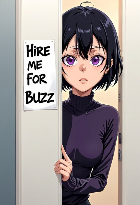 softnai3style, 1girl, rukia kuchiki, rukia, black hair, hair between eyes, purple eyes, short hair, thighs, petite breasts, petite, toned stomach, thick thighs, nice ass, lips, black leggings, textured leggings, black sports bra, exposed stomach, toned stomach, facing viewer, holding a sign saying Hire me for buzz, 
Behind the door, peeking out, upper body, hiding behind door,