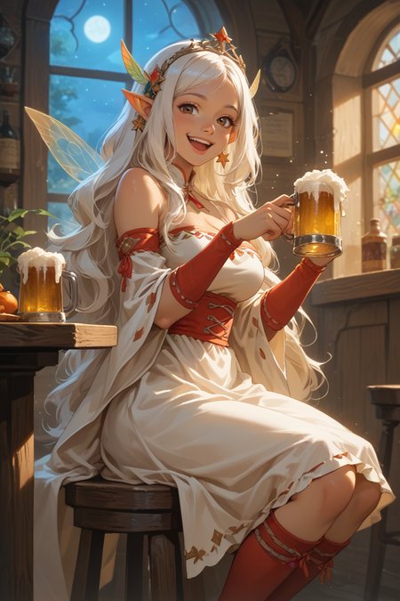 1girl, solo,
large breasts,
EniripsaDG,
brown eyes, pointy ears, dark-skinned female, white hair, long hair, 
fairy, detached sleeves, hair ornament, tube top, toeless legwear, dress,
medieval fantasy,food,warm light,night star in window,night,laugh,
in Tavern, upper body,side view, hold beer,happy,looking at viewer,
sitting,
<lora:sdxl_lightning_8step_lora:1>
score_9, score_8_up, score_7_up,score_6_up,
hyper-Detailed,masterpiece, best Quality,film Grain,<lora:EniripsaDG PonyXL v01:0.8>