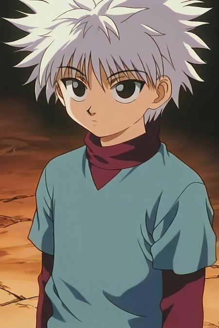 (killua zoldyck:0.5), white hair, black eyes, shirt, long sleeves, layered sleeves, spiked hair, short over long sleeves, white shirt, short hair, short sleeves, bangs, turtleneck, blue shirt, grey shirt, upper body,  1boy,  solo, alone,<lora:hunter_x_hunter_1999_style_illustriousXL:1>, hxh_1999_style, masterpiece