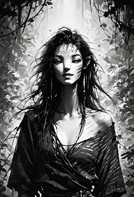 score_9, score_8_up, score_7_up, source_anime, monochromemuse, Expressiveh, monochrome, greyscale, ink splatter, (Avatar navi alien with white skin and black stripes), primitive revealing tunic made of vines and leaves, off shoulder, cleavage, parted lips, light smile, vibrant blue lipstick,
