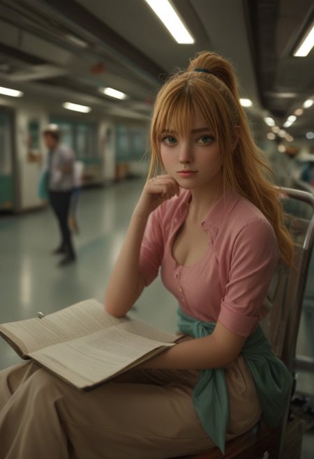 score_9, score_8_up, score_7_up, source_anime,  soohyun yoo, long hair, bangs, yellow hair, green eyes, ponytail,, shirt, cleavage, pants, clothing cutout, cleavage cutout, pink shirt, clothes around waist, airport, waiting area, suitcase, flight delayed, reading book, , sitting, elbow rest, table,, looking at viewer, solo,