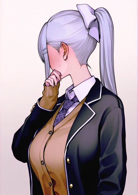 <lora:koh-minagi:1>,1girl, higuchi kaede, higuchi kaede (1st costume), huge breasts, black jacket, blazer, blush, bow, breasts, brown cardigan, cardigan, collared shirt, ear blush, facing away, from side, grey background, hair bow, hand to own mouth, jacket, long hair, long sleeves, necktie, open clothes, open jacket, plaid necktie, ponytail, purple necktie, school uniform, shirt, sleeves past wrists, solo, white bow, white shirt,