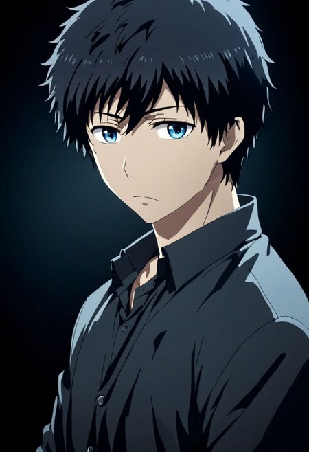 high resolution, solo, best quality, 1Boy, Arata Kaizaki, Black Hair, Blue Eyes, cool, Mysterious black background, Movie lighting, a sense of atmosphere, OverallDetail