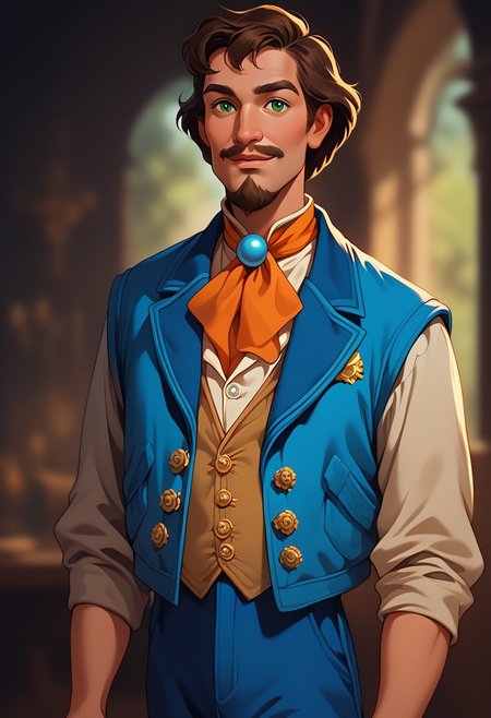 score_9, score_8_up, score_7_up, mgas, masterpiece, best quality, detailed eyes, detailed face, perfect eyes, high detailed, absurdres, highres, casual game art, mobile game art, merge 3 game art, character design, BREAK, 1boy, man, ((elderly)), solo, green eyes, (dark brown hair with gray strands), (beard and mustache with white hairs, short hair), (gold monocle with chain), white shirt under jacket and vest, orange tie, blue vest with one button over shirt, brown jacket under jacket and shirt, brown lapel, ((brooch in the form of a yellow shell with a blue pearl on the right lapel)), (dark orange patch on elbow), dark blue trousers, BREAK (the right hand holding the edge of the jacket, the left hand holds a yellow book with a red and green bookmark), the arms are bent at the elbow, standing, cowboy shot, semi-sideways, half-sideways, looking at viewer, BREAK simple background, blurred background, gradient on the background