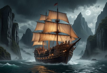 (medium full shot) of (medium shot , wide angle view) of phantom horseman sailing on a magical ship, detailed face, located in a magical scene at a ancient mountain during morning with stormy weather, illuminated by sparkling orbs, creating a heroic atmosphere, Masterpiece,best quality, photo, realistic, very aesthetic,