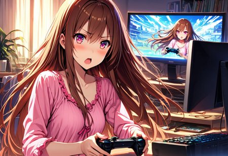 High detailed, ultra detailed, masterpiece, 1girl, gamer, long hair, brown hair, pink eyes, nightwear, early morning, playing on the PC, dawning, staring at the TV, fighting game, holding video game controller, energetic, excited, perfecteyes, easynegative