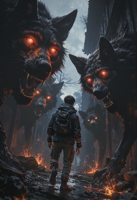 A dark, urban alley drenched in shadow and illuminated by the eerie glow of embers sets the scene. A mysterious young man walks confidently through the haze, clad in a black hoodie and combat boots, exuding a mix of defiance and determination. Surrounding him, enormous spectral wolves with glowing red eyes and sharp, menacing teeth emerge from the darkness, their forms both solid and ethereal. The interplay of warm light from their eyes and the cold, muted tones of the environment creates a haunting contrast. The ground reflects faint flickers of fire, emphasizing the otherworldly atmosphere of this tense and supernatural moment. <lora:black_fantasy.safetensors:0.75>,  <lora:Luminous_Shadowscape-000016.safetensors:0.3>,  <lora:midjourney_whisper_flux_lora_v01.safetensors:0.5>,  <lora:zhongfenghuaStyle_FLUX_ Lora.safetensors:0.85>,  <lora:Midjourney_-_SemiReal_Dreams_FLUX_LoRA.safetensors:0.5>,