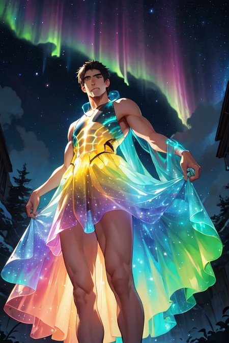 Man, male, hunk, boy, breathtaking 8k, masterpiece, (rainbow gradient bioluminescent dress), (starry night background), nebula, aurora, ((outdoors)), dark background, from below