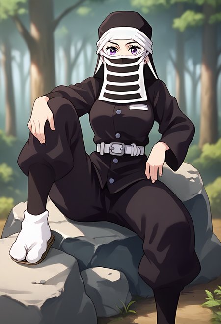 score_9, score_8_up, score_7_up, source_anime, masterpiece, 1girl, ctiankakushi, purple eyes, medium breasts, black headwear, mouth mask, black uniform, white belt, black pants, tabi, zouri, knee up, sitting, rock, looking at viewer, outdoors, forest, depth of field, sunny, daytime, <lora:Kakushi_Pony_ct:0.8>