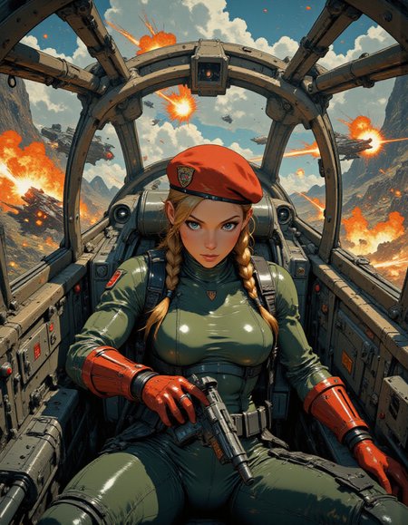 <lora:gc_vintage:1> vintage <lora:Fancha_style_v.5:1> Fancha style <lora:Anime v1.3:1> <lora:Street_Fighter_-_Cammy_White:1> SF-Cammy <lora:Single_Seater_Cockpit_Flux:1> single, seater