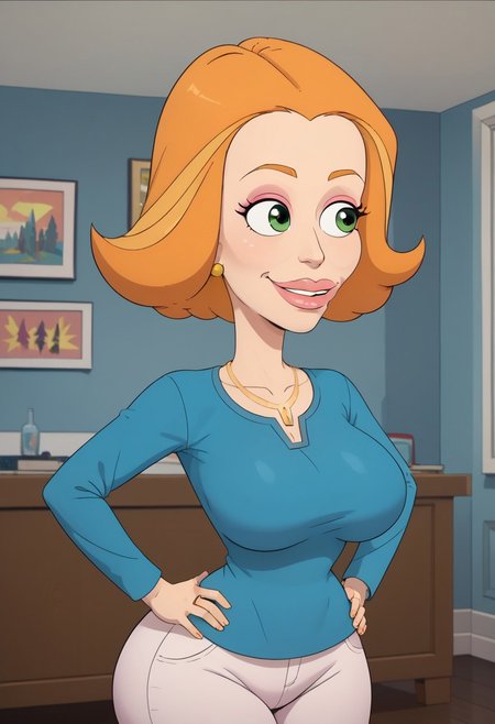 ((bedroom background)),score_9, score_8_up, score_7_up,score_6_up, 
1girl, Solo, Diane_BM, light skin, green eyes, orange eyebrows, orange hair, short hair, pink lips, pink eyeshadow, blue shirt with v-neck, white skinny jeans, golden earrings, golden ring, golden necklace, yellow flat shoes, huge breasts, smile, narrow waist, huge hips,huge thighs, huge ass, big eyes, perfect lips, perfect smile, cowboyshot, perfect eyes, perfect face, hands on hips