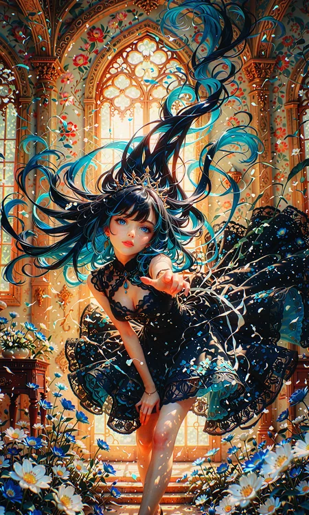 masterpiece, best quality, amazing quality, very aesthetic, absurdres, newest
foreshortening, blurry foreground
1girl, long layered hair defeat gravity, multicolored hair, colored inner hair, blue eyes, medium breasts, black lace dress, jewelry, head tilt, chin up, leaning forward
indoors, blooming flowers background
volumetric lighting, dappled sunlight, contour light
aidmaMJv7, miaomiao_liulifa <lora:spo_sdxl_10ep_4k-data_lora_webui:0.8> <lora:aidmaMJv7-ILL-v0.1:0.4> <lora:MIAOMIAO_A2:0.7>