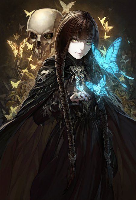 very awa, masterpiece, best quality, hightres, absurdres, 1girl, solo, long hair, brown hair, yellow eyes, braid, cape, twin braids, bug, butterfly, skull, fataStyle, <lora:FATAIL:1>