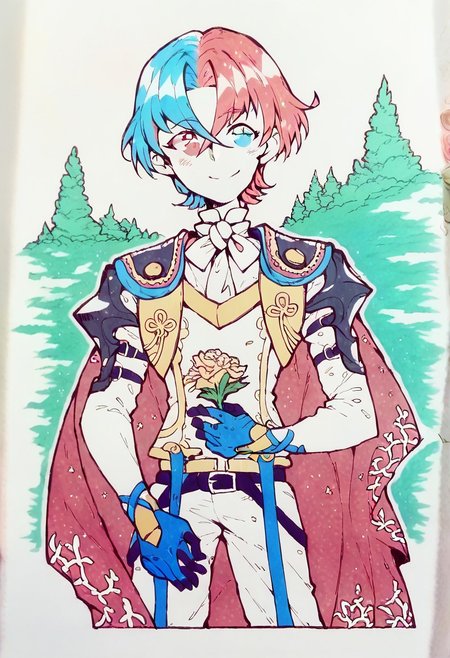 (score_9, score_8_up:1.1), score_7_up, high res image,masterpiece,best quality, clear skin,shiny hair,ultra detailed eyes, marker drawing, on paper, 1boy, solo, defAlearM, heterochromia, gloves, split-color hair, red hair, blue hair, cape, armor, holding flower, smile, blush, looking at viewer, Faded Headshot, faded bottom, faded edges, green field, mountains,