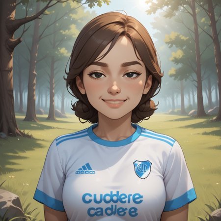 score_9, score_8, BREAK, solo, mii, wii, wii sports resort, female mii, 1girl, cute, brown hair, brown eyebrows, rectangle eyebrows, black eyes, sleepy eyes, half circle eyes, small nose, blush, :I, Hiromi_(\Wii_Sports_Resort\), medium breasts, Nintendo Mii, modern_mii, classic_mii, RiverPlate, striped shirt, striped, shirt, white shirt, short sleeves, clothes writing, sportswear, soccer uniform, sexy pose, self portrait, smile, outdoors, sunlight, shadows, evening lighting, natural lighting, forest, trees, grass, orange sky, sunset