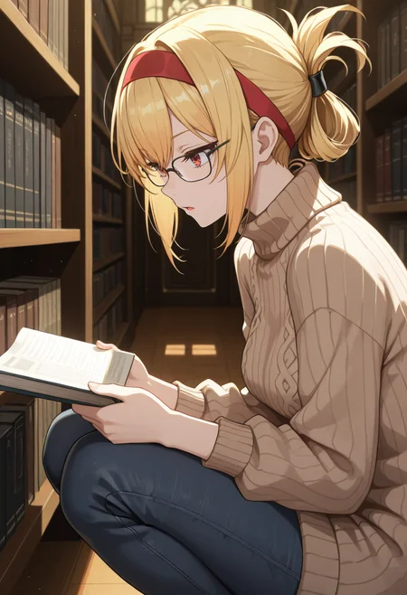 1girl, solo, anime coloring, anime artwork, unholy-aesthetic, masterpiece, best quality, newest, absurdres, highres, safe, CG, cinematic lighting, natural shadow, highest detail, detailed background, intricate scenery, depth of field, insane details, intricate, subsurface scattering, very aesthetic, serene atmosphere, artistic rendering, dramatic contrast, luminous elements, soft painterly texture, striking visual design, finely detailed face, beautiful face, from side, squatting,
library, pulling book from book shelf, pulling book,
upper body,
<lora:kaelaIL:0.45> kaelaIL, folded ponytail, blonde hair, red eyes, tsurime, glasses, medium breasts, red hairband,
jeans, sweater, brown sweater, sweater dress, turtleneck sweater