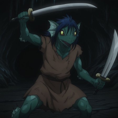 masterpiece, best quality, amazing quality, FishmanslfIL, anthro, green skin, blue hair, head fins, black sclera, yellow eyes, torn clothes,  brown tunic, cave, fighting stance, holding sword