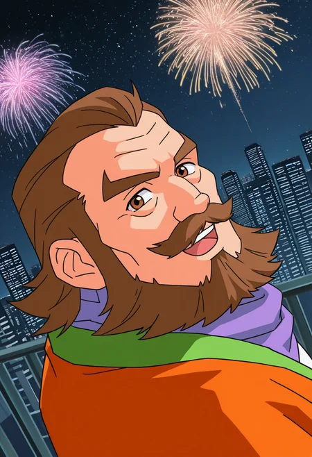 1boy, night, (close-up:1.75), looking at viewer, fireworks, laughing, starry sky, dutch angle, squatting, looking back,
skyscraper, city, male focus,
BREAK
<lora:Ximen_Hao_from_Shenbingxiaojiang_v1.0:1>
ximenhao, mature male, brown hair, brown eyes, thick mustache, beard, long sideburns, thick eyebrows,
BREAK
orange robe, green trim, white shirt, purple scarf,
BREAK
very awa, masterpiece, best quality, absurdres, newest, perfect quality, detailed background, intricate details,