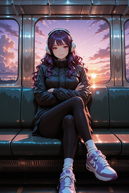 embedding:lazypos, 1girl, subway, sitting, black jacket, puffer jacket, white socks, high socks, black leggings, dynamic pose, white headphones, medium breasts, purple hair, red eyes, long hair, wavy hair, crossed arms, dim lighting, white and purple sneakers, banned artist, looking at viewer, crossed legs, sexy, light smile, sunset, clouds, blushing <lora:TrendCraft_The_Peoples_Style_Detailer-v1.0A-3_13_2025-illustrious:0.6>