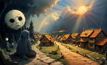 studio ghibli, infuriating puzzle,  darkest small necropolis night of the envy sitting hiding tiny dead wast (landscape:1.1), moon, eclipse, fog, BREAK lovely day of the happy living thriving busy (village:1.1) city, sun, god-rays, highly detailed, landscape, panorama, wide-angle, moody, atmospheric, masterpiece, high resolution, hdr, 8k, composition, shadows, clouds, (complex:1.2), (intricate:1.1),  <lora:- SDXL - vanta-black_contrast_V3.0:0.7>, <lora:- SDXL - otclillsn_impossible_geo_V1.0:0.7>, <lora:dfantasy:0.8>, <lora:The_Simplest:0.8>, <lora:DonMP41n717Bl4ckXL:0.4>, <lora:SDXL - Style - EldritchRomanceIllustration1.3.1:0.4>, <lora:artfullyECHELIER_SDXL_V1:0.4>