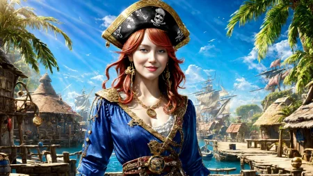 (young redhead pirate woman), (portrait), (parrot:1.2), sharp focus, (ultradetailed), (standing), (happy) smile, pirate (ship galleon:1.2,  hoop earrings, gold medallion, Indigo Bluepirate clothes, pirate hat, hips,   pirate (village), leafy beach coast, (treasure chest with coins, gems and jewels:1.2), (rum barrel), best quality masterpiece,  bright sunny sky, backlight, natural lights, high contrast, hdr, shadows, pretty, beautiful, feminine, sexy, adorable, lovely, in love, (PirateDiffusionprt:0.5),  <lora:Pirate:0.3>  PrateT  <lora:PirateRealms:0.3> <lora:Detail Tweaker LoRA add_detail:0.8> <lora:depth_of_field_slider_v1:5> <lora:SDXLrender_v2.0:0.9>