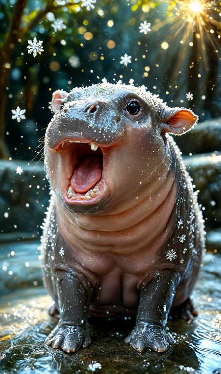 closeup highly detailed snowflakes falling everywhere, moodeng hippo sitting by a pool, bright, reflections, intricate, sharp focus, lens flare, bloom, illustration, highly detailed, digital painting, concept art, matte, art by ruan jia and wlop and greg rutkowski, masterpiece, (HD, masterpiece, best quality, hyper detailed, ultra detailed, super realistic),amazing, snowflake, sparkling snowflakes, Mystical Snowflakes, (moodeng open mouth:1.2), 
<lora:LCMTurboMix_Euler_A_fix:1><lora:MidjourneyV6.1:1> <lora:Snowflake:0.6> <lora:sparkling_snowflakes:0.6> <lora:Mystical Snowflakes XL:0.7> <lora:SDXL_BTT_MOODENG_v01:1>