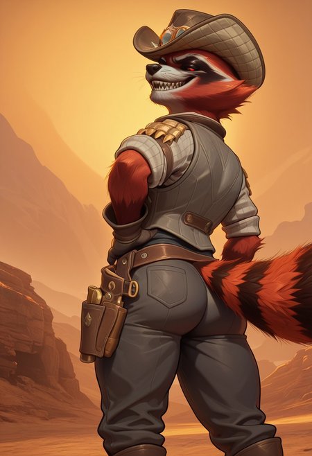 masterpiece, best quality, amazing quality, very aesthetic, absurdres, newest,  high quality, detailed, male, solo male, RocketBH, 1boy, broad shoulders, mature male, anthro, raccoon, animal ears, black and red orange fur, red eyes, red sclera, athletic build, facial hair, cowboy hat, gray vest, gray jacket, cowboy, bounty hunter, looking at viewer, grinning, sharp teeth, detailed face, detailed eyes:2.0, volumetric lighting, half body, outdoors, western, southern, orange (theme), old west, hand on hip, gun belt, rear view, massive ass, plump ass, thick thighs, looking back at viewer, smug