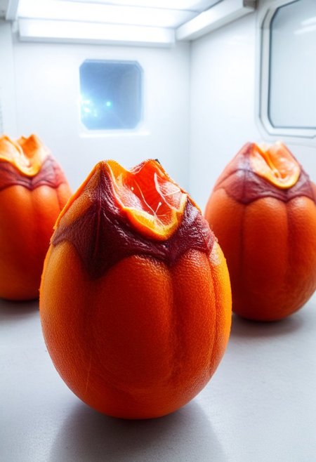 blood orange style, xenoegg, view of a group of unhatched xenoeggs, xenoeggs made of orange peel, horror theme, green light, space station interior, foggy ground, beautifully lit,