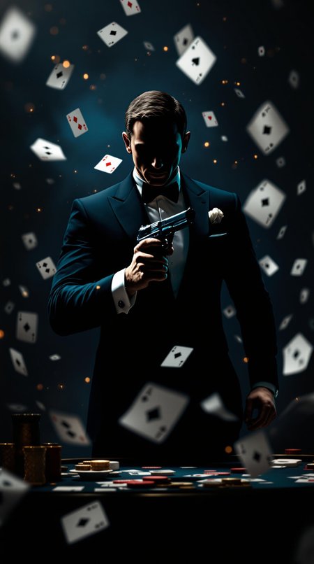 a dynamic and sleek Casino Royale-inspired intro featuring playing cards adorned with the silhouette of James Bond, set against a backdrop of high-stakes poker and espionage. The Bond silhouette should be dressed in a sharp, tailored suit with a narrow lapel, holding a Walther PPK pistol, and posed in various action stances throughout the scene. The image should employ dramatic, high-contrast lighting, a cool, blue-toned color palette, and dynamic camera movements to create a tense, adrenaline-fueled atmosphere. Use digital compositing and post-processing effects to create seamless transitions and a sense of movement, capturing the thrilling, sophisticated aesthetic of the Casino Royale film.