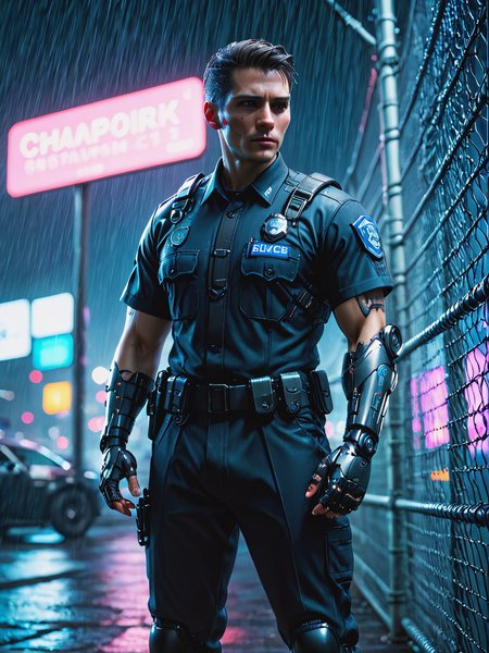 (mad-2cbrrm,  mad-1cbrrm:1.3), police officer in uniform, in front of chain link fence, cyberpunk,  night, neon light, haze, rain,  <lora:Neon_Cyberpunk_Cyberarm_SDXL:0.8>, (masterpiece:1.2), best quality