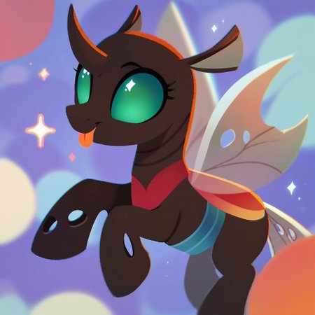 score_9, score_8_up, score_7_up, score_6_up, score_5_up, score_4_up, pikaole, solo, changeling drone, a dark skinned changeling with green eyes and a bald, short pale tail, no cutie mark, no humans, animal focus, animal, tongue out,playful, happy, coy, sparkles, portrait, proud, chin up, source_furry, my little pony, abstract background, rating_safe, soft focus, blurry edges, blurry
