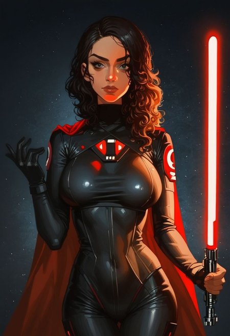 score_9, score_8_up, score_7_up, solo, [tachy:(panam palmer:1.2)],  beautiful girl, hearts, seductive, eyes, tight, visible skin, naughty pose, (stellar blade black neon bodysuit, tight bodysuit, wedgie bodysuit:1.6), 
bdsm, collar cyberpunk Samurai jacket, (female, red fire magical slim skin:1.14), Large linen cape, (nice face), (black harness, tight big black firm breasts), surrounded by a detailed spacescape with translucent carbon bodysuit, black dark-amber Highlights, (black red neon, emissive), (yellow smoked particules, hyper-detailed,:1.14) sharp, high resolution, high quality, 32K, Ultra realistic, HD, super detailed, line art, abstract style, (shinny skin, wavy hair:1.5), (star wars bad inquisitor:1.5), (circle hard powerful redblack light saber:1.2), (well formed five fingers hands on light saber:1.27)