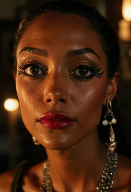 A sensual close-up portrait of Makeda, Queen of Sheba, her face illuminated with soft, golden light that enhances her regal beauty. Her lips are full and meticulously detailed, with a slight sheen of deep crimson gloss, parted ever so slightly to reveal their natural allure. Her iconic eye makeup is striking: bold, black kohl lines extend dramatically from her almond-shaped eyes, winging outward with precision to form the classic Egyptian "feline flick." A shimmering band of gold eyeshadow accentuates her eyelids, blending seamlessly into her black skin tone. Her thick, jet-black lashes curl upward, framing her penetrating gaze, which is both seductive and commanding. Tiny beads of sweat glisten on her flawless complexion, adding a subtle sensuality. Her high cheekbones are lightly brushed with a warm bronze tone, emphasizing her face's elegant structure. Makeda, Queen of Sheba look is the epitome of opulence and mystery, her beauty a timeless invitation to fascination.