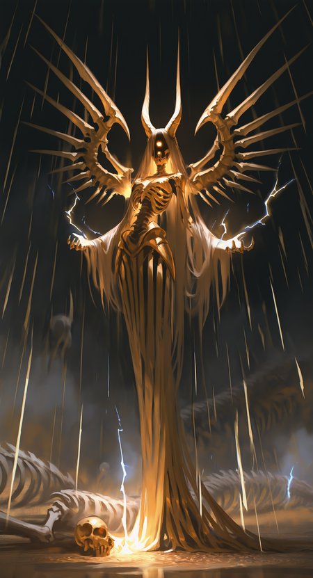 masterpiece, best quality, Good quality, very aesthetic, absurdres, newest, 1girl, girl_focus, Giant skeletal wings, horn,no_humans,glowing, glowing_eyes, monster, skull, electricity, aura, ribs, skeleton, energy,very long hair,Wings radiating energy, Wearing a golden scale skirt,Wearing a golden scale breastplate, long_hair, standing, full_body,dynamic pose, outstretched_arms, rain, spread_arms, tiptoes, <lora:ponyv5_noobE11_1_adamW-000013:0.7> <lora:USNR_STYLE_XL_lokr:1>